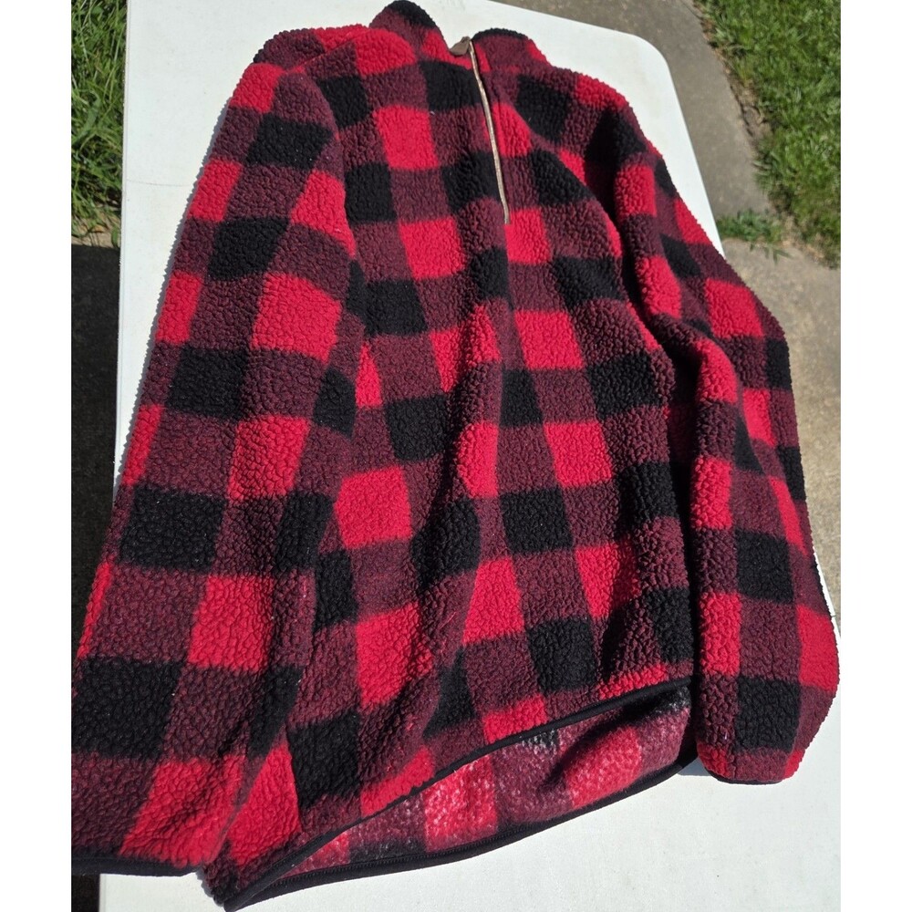 ​C.C. Women's Red Black Buffalo Plaid Sherpa 1/4 Zip Pullover Size Large